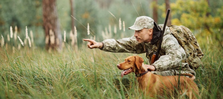 Man in camouflage pointing with hunting dog and squatting in tall grass