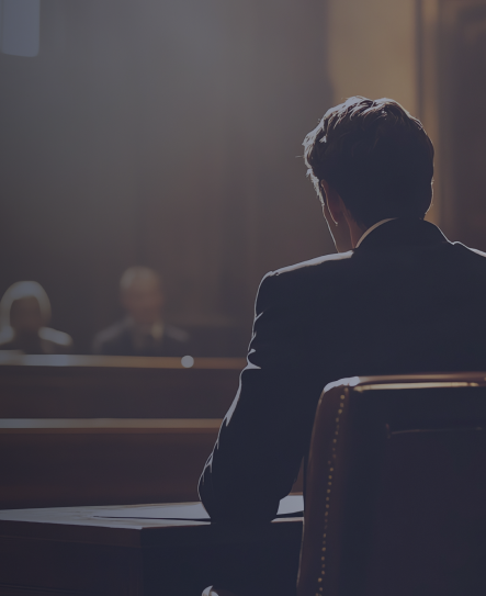 Attorney seated at a courtroom table facing a judge during legal proceedings